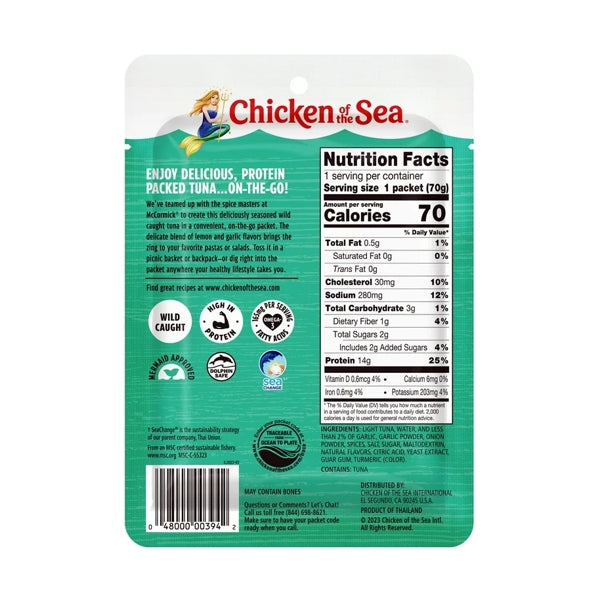 Chicken of the Sea Light Tuna Packet - Lemon Garlic (Net Wt. 2.5 oz.) Ready-to-Eat Lightly Seasoned Wild Caught Light Tuna