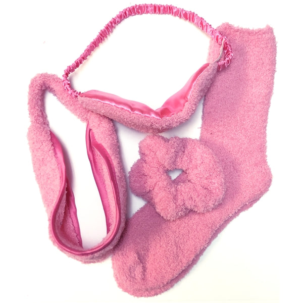 Cozy Sleep Spa Set - Eye Mask, Headband, Scrunchie, Socks (4-Piece Matching Set) Colors Vary