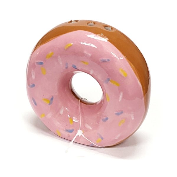 Ankyo Decorative Ceramic Donut - shaped Sprinkle Shaker - Pink/Brown (4" x 3.5" x 1.5") Fun Way to Decorate Cupcakes and Sundaes at a Party! - Dollar Fanatic