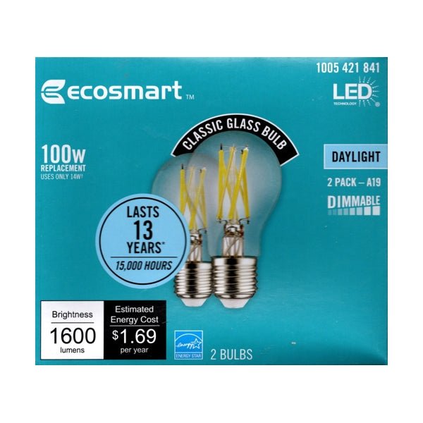 EcoSmart 14 Watt Dimmable A19 LED Light Bulbs - Daylight/Clear (2 Pack) 100W Replacement using Only 14 Watts - Dollar Fanatic