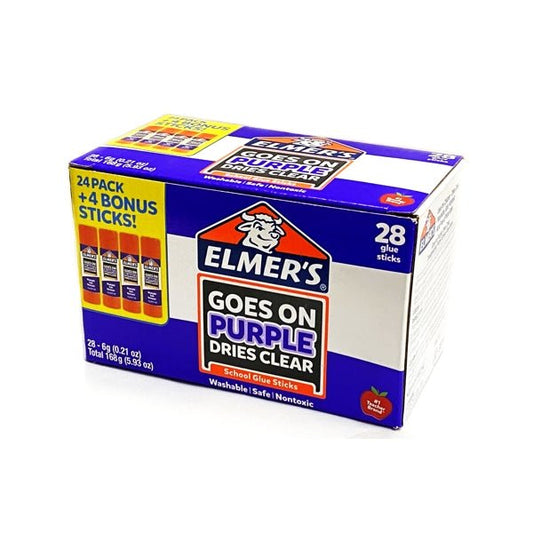 Elmer's Washable Disappearing Purple School Glue Sticks (28 Pack) Goes on PURPLE Dries Clear - Dollar Fanatic