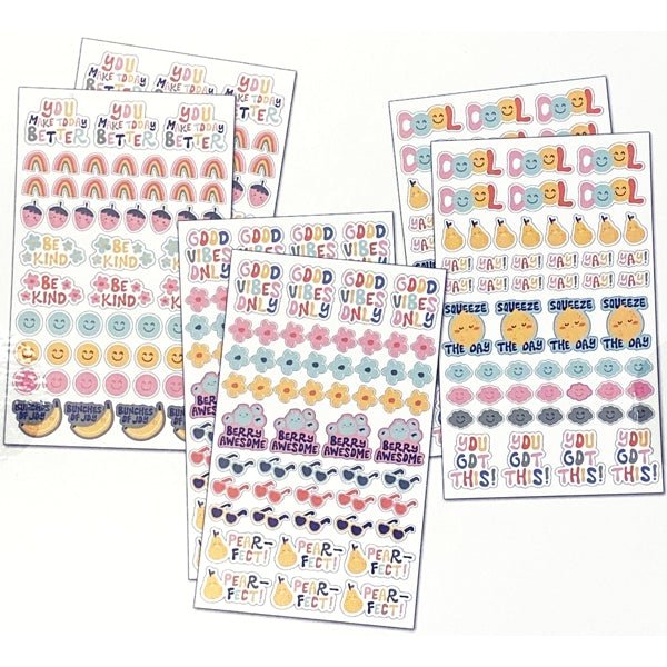 Good Vibes Sticker Book - Over 300+ Stickers (8 Sheets) Colorful Fun Stickers, such as, Berry Awesome, Cool, Pear - Fect, Smiley Faces, Etc. - Dollar Fanatic