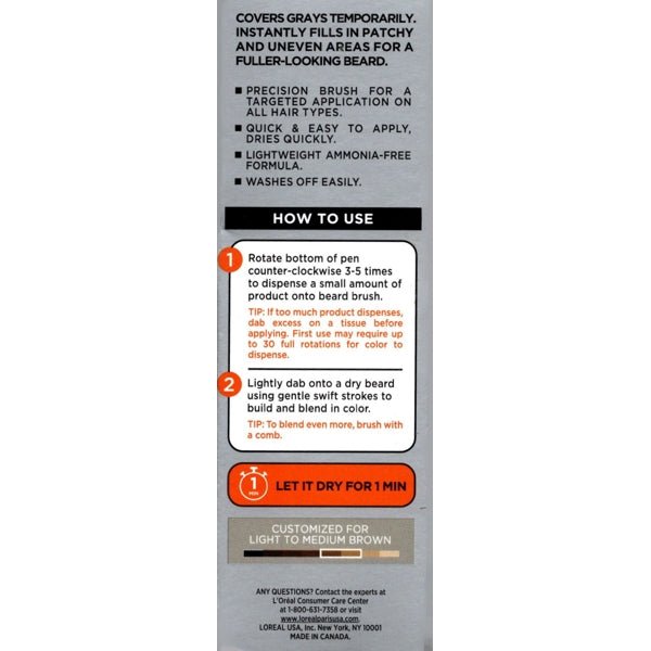 L'Oreal Men Expert Instant Beard Hair Color (05 Light/Medium Brown) Washes Off Easily - Dollar Fanatic