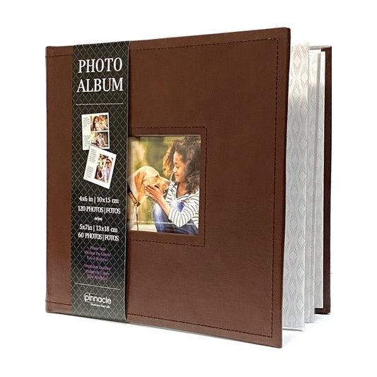 Pinnacle Photo Album Book with Picture Window and Memo Writing Space - Faux Brown Leather Hardcover (9.5" x 8.75", 60 Pages) Holds 4 x 6 Pictures and 5 x 7 Pictures - Dollar Fanatic