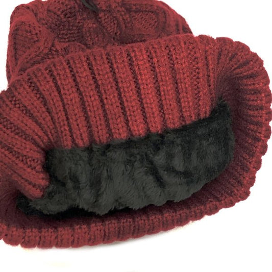 Kedi Designs Textured Diamond Cable Knit Beanie Hat with Fur Lining- Ribbed Cuff (Red) - DollarFanatic.com