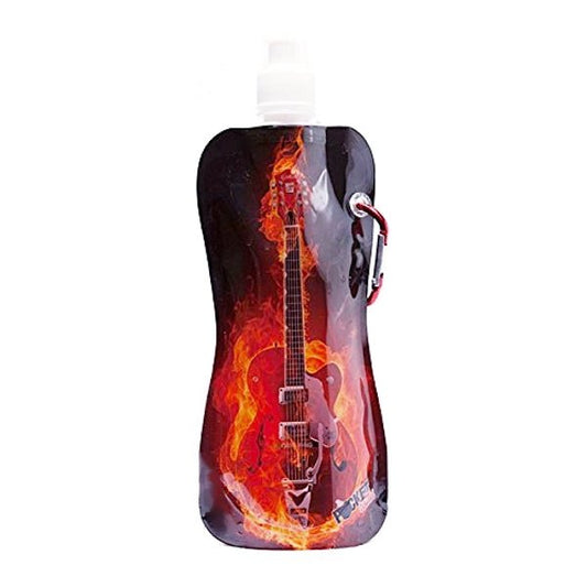 Pocket Bottles Water Bottle with Carabiner Clip & Cleaning Brush - Flaming Guitar (16.9 fl. oz.) Foldable, Reusable, BPA Free - DollarFanatic.com