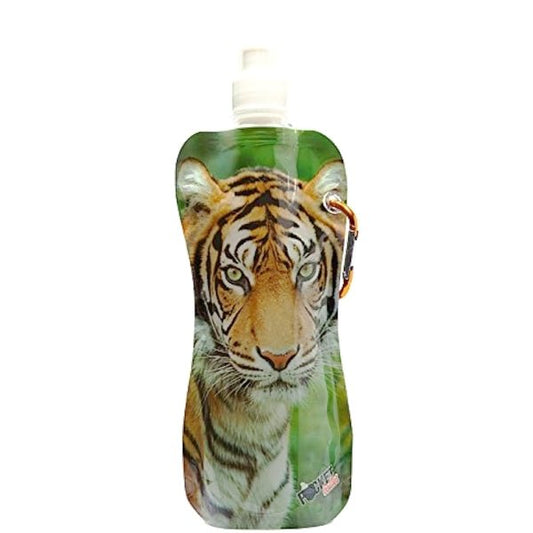 Pocket Bottles Water Bottle with Carabiner Clip & Cleaning Brush - Tiger (16.9 fl. oz.) Foldable, Reusable, BPA Free - DollarFanatic.com