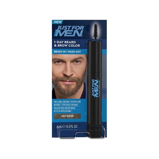 Just for Men 1 - Day Beard & Brow Easy Brush - In Temporary Hair Color (Light Brown) Eliminates Gray for a Thicker, Fuller Look