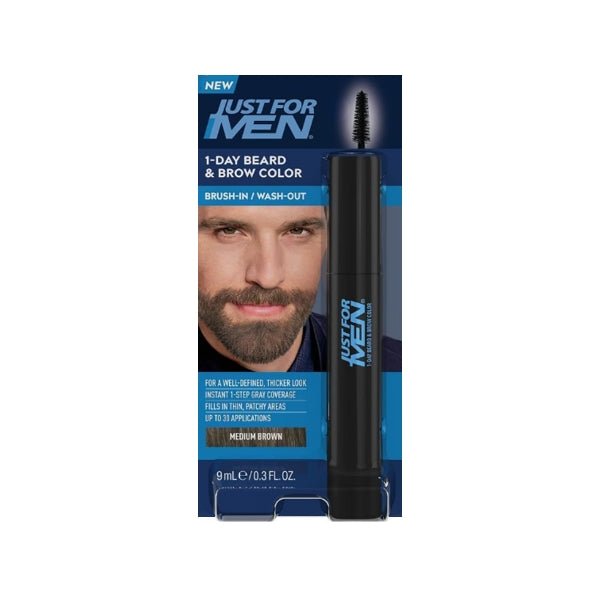 Just for Men 1 - Day Beard & Brow Easy Brush - In Temporary Hair Color (Medium Brown) Eliminates Gray for a Thicker, Fuller Look