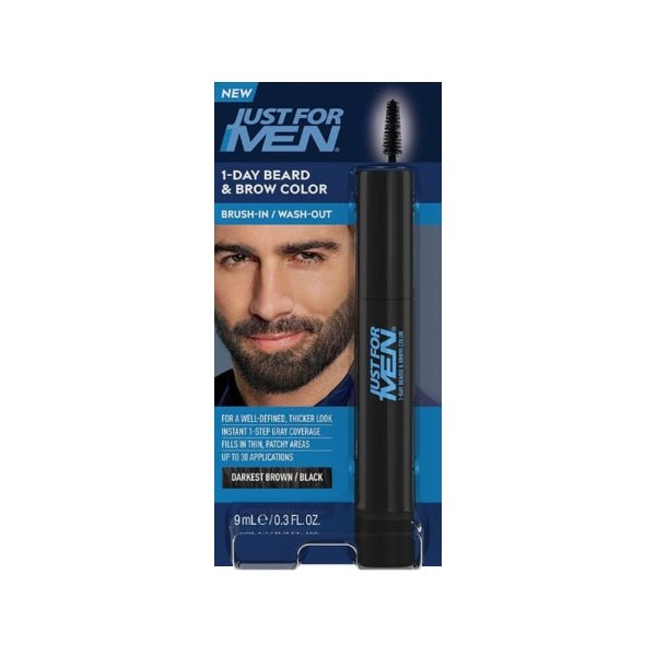 Just for Men 1 - Day Beard & Brow Easy Brush - In Temporary Hair Color (Darkest Brown/Black) Eliminates Gray for a Thicker, Fuller Look