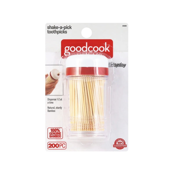 GoodCook Shake-a-Pick Toothpicks with Dispenser - Red (200 Pack) Made of Natural, Sturdy 100% Bamboo