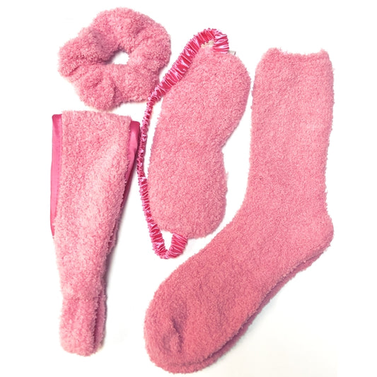 Cozy Sleep Spa Set - Eye Mask, Headband, Scrunchie, Socks (4-Piece Matching Set) Colors Vary