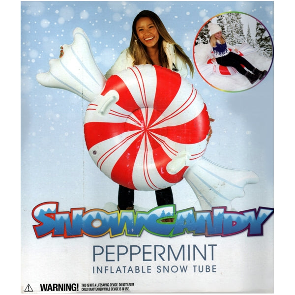 SnowCandy Large Peppermint Inflatable Snow Tube with Handles - Red/White (42") Heavy Duty, Durable