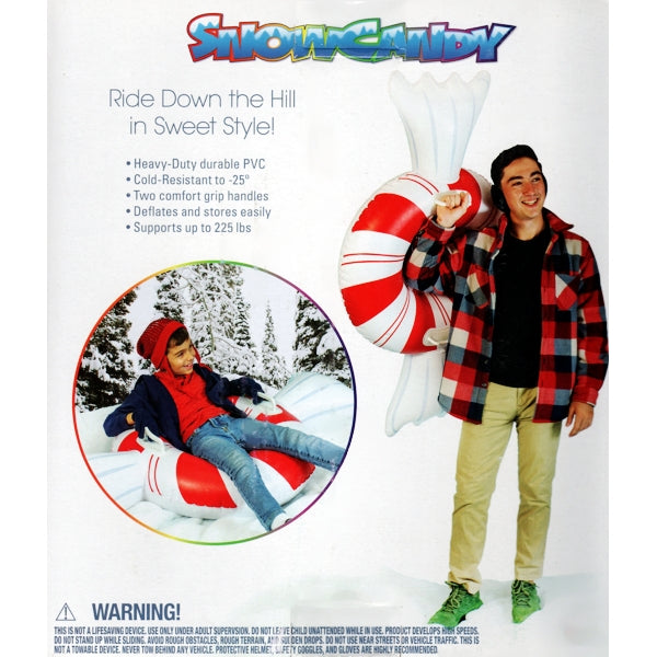 SnowCandy Large Peppermint Inflatable Snow Tube with Handles - Red/White (42") Heavy Duty, Durable