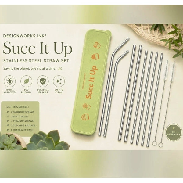 Succ It Up Stainless Steel Drinking Straws & Cleaning Brushes 11-Piece Set