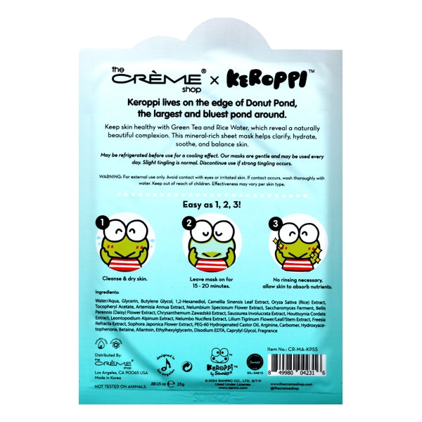 Creme x Keroppi Sooper Soothe Sheet Face Mask (Infused with Green Tea & Rice Water)