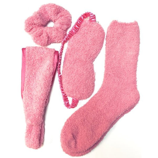 Cozy Sleep Spa Set - Eye Mask, Headband, Scrunchie, Socks (4 - Piece Matching Set) Colors Vary - Dollar Fanatic