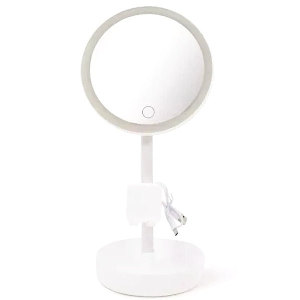 Crescent LED Lighted Vanity Mirror with Phone Holder - White (Includes USB - C Cable Cord) Rechargeable, 3 Lighting Modes - Dollar Fanatic
