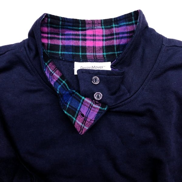 Denim Moves Women's Long Sleeve Button Mock Neck Pullover Sweatshirt with Plaid Collar, Cuffs and Pockets - Navy Blue (Size Large) - DollarFanatic.com