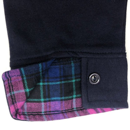 Denim Moves Women's Long Sleeve Button Mock Neck Pullover Sweatshirt with Plaid Collar, Cuffs and Pockets - Navy Blue (Size Large) - DollarFanatic.com