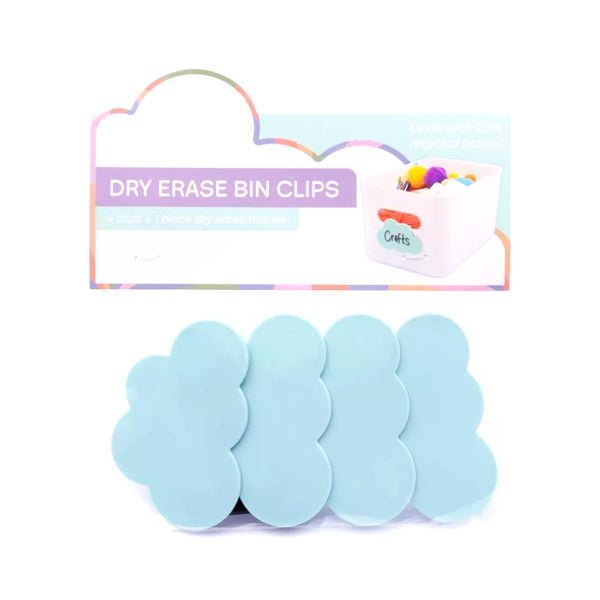 Dry Erase Bin Clips with Dry Erase Marker - Blue Clouds (4 Pack) For Organizing and Labeling Bin Containers and Baskets - Dollar Fanatic