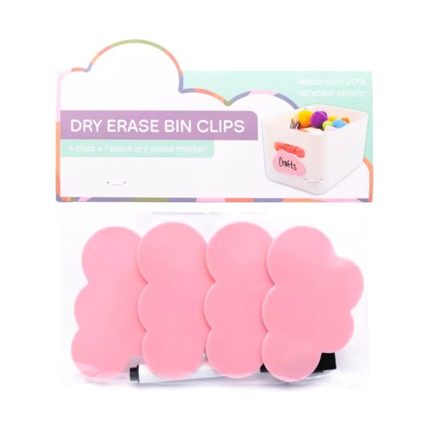 Dry Erase Bin Clips with Dry Erase Marker - Pink Clouds (4 Pack) For Organizing and Labeling Bin Containers and Baskets - Dollar Fanatic