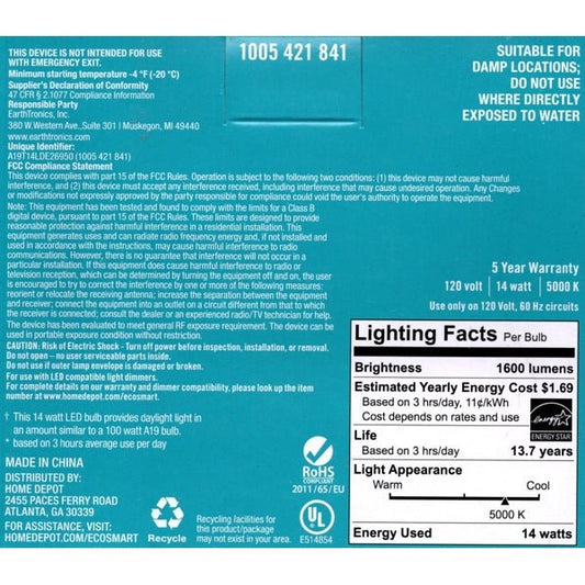 EcoSmart 14 Watt Dimmable A19 LED Light Bulbs - Daylight/Clear (2 Pack) 100W Replacement using Only 14 Watts - Dollar Fanatic