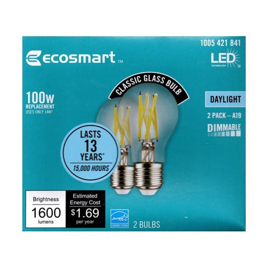 EcoSmart 14 Watt Dimmable A19 LED Light Bulbs - Daylight/Clear (2 Pack) 100W Replacement using Only 14 Watts - Dollar Fanatic