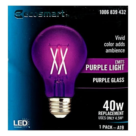 EcoSmart Purple LED Dimmable Filament 4.5W LED Light Bulb - Indoor/Outdoor (1 Count) 40W Replacement - Dollar Fanatic