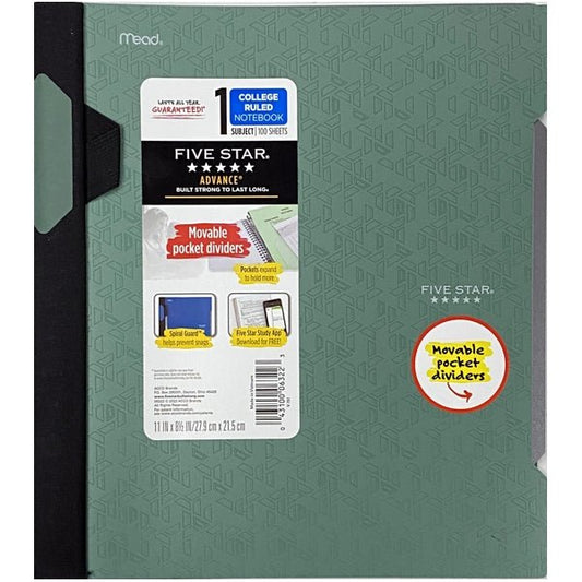 Five Star Advance 1 - Subject College Ruled Spiral Notebook with Spiral Guard and Pocket Folder Divider - Select Color (100 Sheets) Includes Pen Holder - Dollar Fanatic