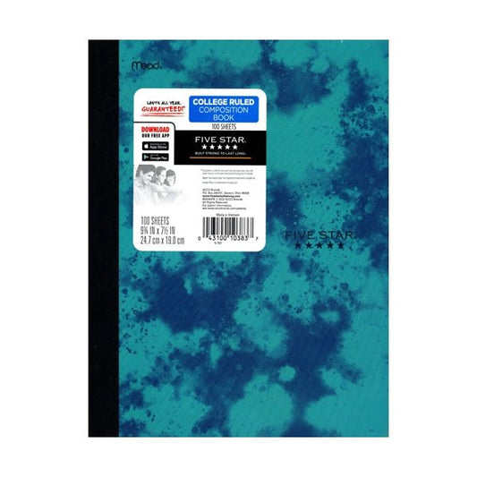 Five Star College Ruled Plastic Cover Composition Notebook - Tie Dye Blue (100 Sheets) - Dollar Fanatic