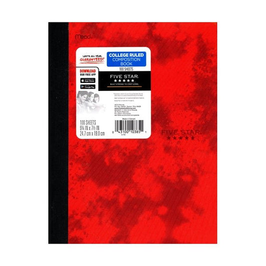 Five Star College Ruled Plastic Cover Composition Notebook - Tie Dye Red (100 Sheets) - Dollar Fanatic