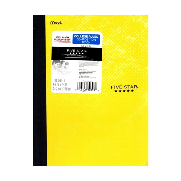 Five Star College Ruled Plastic Cover Composition Notebook - Tie Dye Yellow (100 Sheets) - Dollar Fanatic