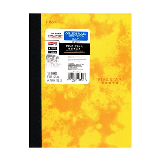 Five Star College Ruled Plastic Cover Composition Notebook - Tie Dye Yellow (100 Sheets) - Dollar Fanatic