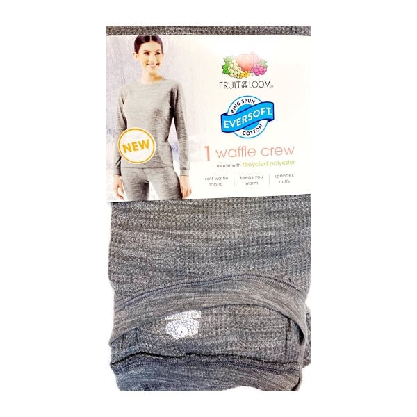 Fruit of the Loom Women's EverSoft Thermal Long Sleeve Waffle Crew Shirt - Heather Gray (Size 12 - 14/Large) - Dollar Fanatic