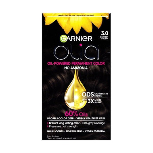 Garnier Olia Oil - Powered Color Permanent Hair Color Kit (3.0 Darkest Brown) Vegan Formula, No Ammonia - Dollar Fanatic