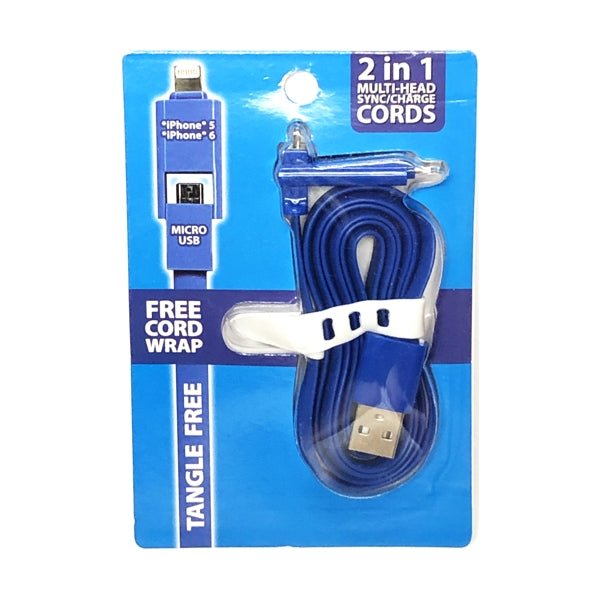 GetCharged Dual Lightning/Micro USB Sync Charging Tangle-Free Flat Cord Cable with Cord Wrap (Select Color) For iPhone and Android Phone - Dollar Fanatic