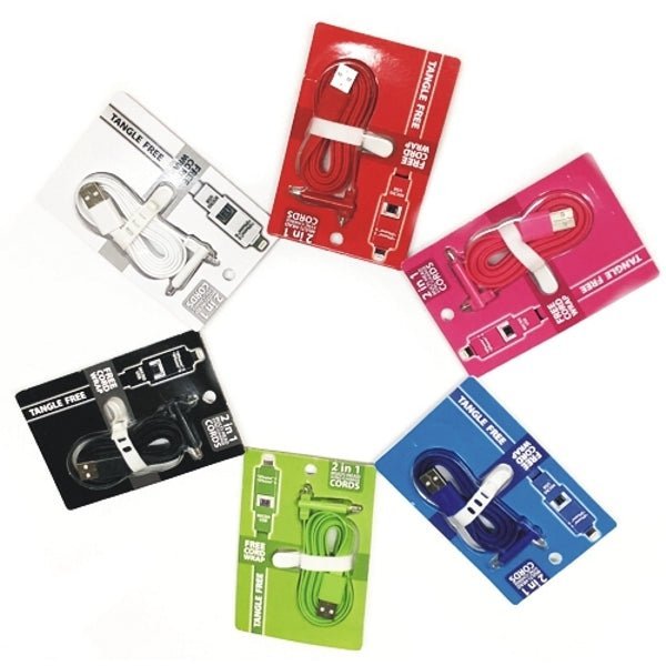 GetCharged Dual Lightning/Micro USB Sync Charging Tangle-Free Flat Cord Cable with Cord Wrap (Select Color) For iPhone and Android Phone - Dollar Fanatic