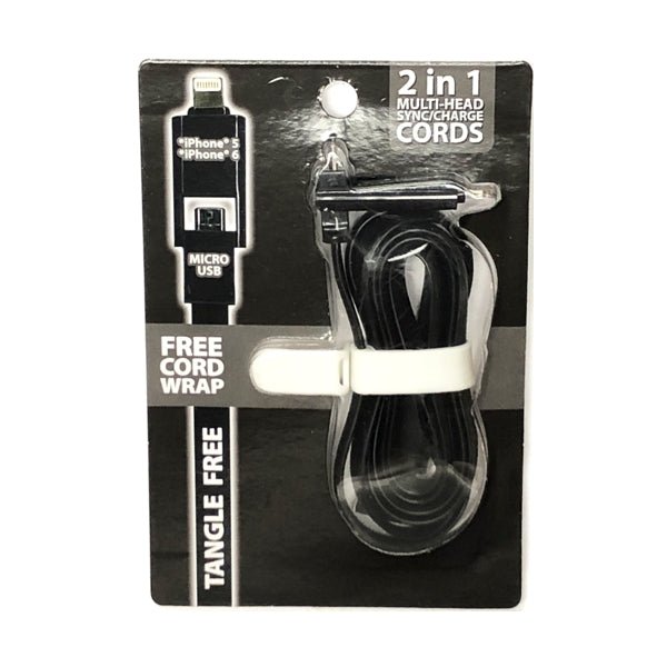 GetCharged Dual Lightning/Micro USB Sync Charging Tangle-Free Flat Cord Cable with Cord Wrap (Select Color) For iPhone and Android Phone - Dollar Fanatic