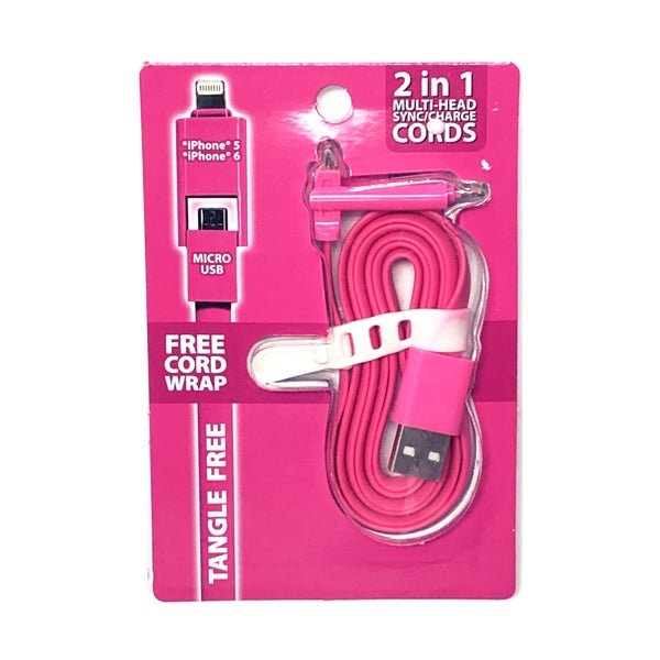 GetCharged Dual Lightning/Micro USB Sync Charging Tangle-Free Flat Cord Cable with Cord Wrap (Select Color) For iPhone and Android Phone - Dollar Fanatic