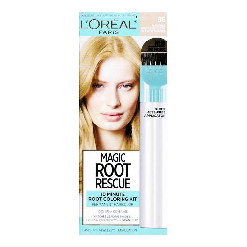 L'Oreal Magic Root Rescue 10 - Minute Permanent Root Hair Coloring Kit (8G Medium Golden Blonde Shades) 100% Gray Coverage, Quick Fix Touch Up - Dollar Fanatic