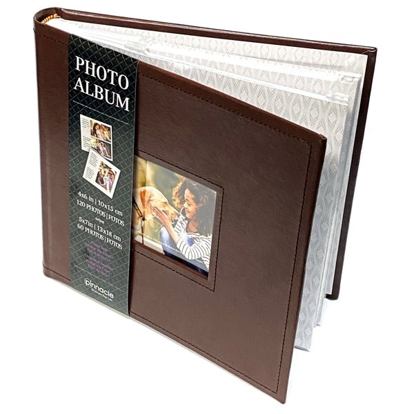 Pinnacle Photo Album Book with Picture Window and Memo Writing Space - Faux Brown Leather Hardcover (9.5" x 8.75", 60 Pages) Holds 4 x 6 Pictures and 5 x 7 Pictures - Dollar Fanatic