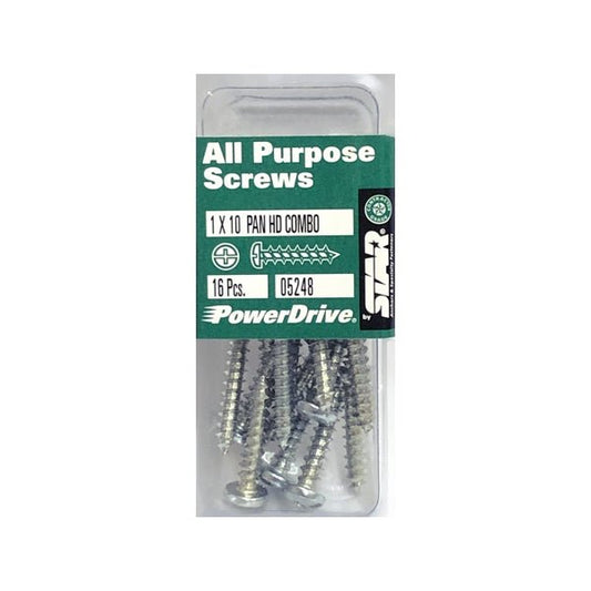 PowerDrive 1 x 10 Phillips Slotted Pan Head Combo Screws - 05248 (16 Pack) All Purpose Screws - DollarFanatic.com