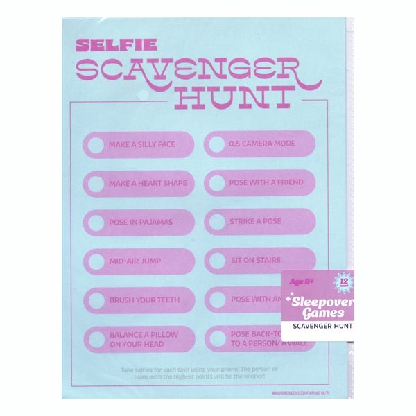 Sleepover Games Selfie Scavenger Hunt Party Activity Game Pack (12 count) - Dollar Fanatic