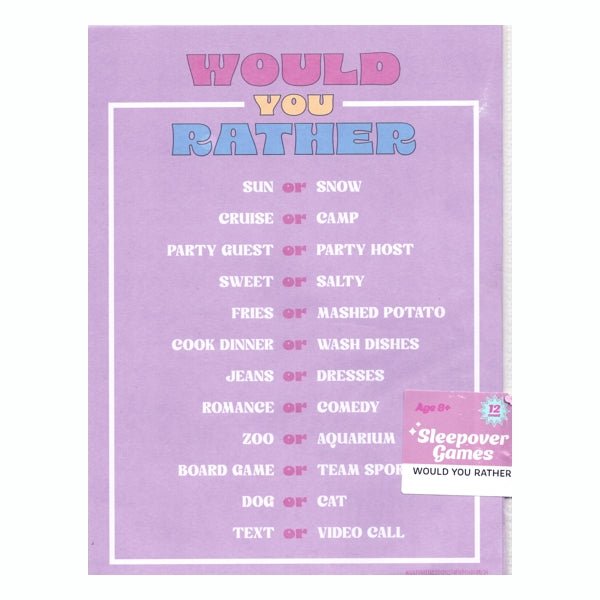 Sleepover Games Would You Rather Party Activity Game Pack (12 count) - Dollar Fanatic