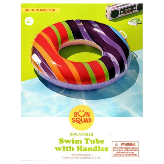 Sun Squad Inflatable Pool Float Tube with Handles - Rainbow Stripes/Purple (Inflates to 36" dia. x 9") For Ages 6+ - Dollar Fanatic