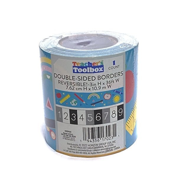 Teacher's Toolbox Double-Sided Border - Blue School Supplies/Numbers (3 in. x 36 ft.) - Dollar Fanatic
