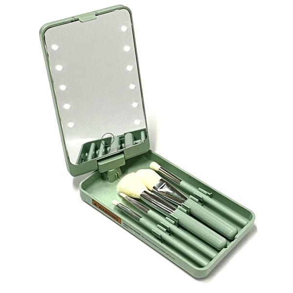 Vivitar LED Mirror Case and Cosmetic Eyeshadow Brush Set - Mint Green (6 - Piece Set) Includes 2 Button Cell Batteries - Dollar Fanatic