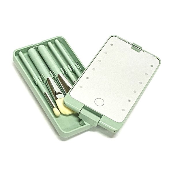 Vivitar LED Mirror Case and Cosmetic Eyeshadow Brush Set - Mint Green (6 - Piece Set) Includes 2 Button Cell Batteries - Dollar Fanatic