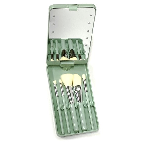 Vivitar LED Mirror Case and Cosmetic Eyeshadow Brush Set - Mint Green (6 - Piece Set) Includes 2 Button Cell Batteries - Dollar Fanatic